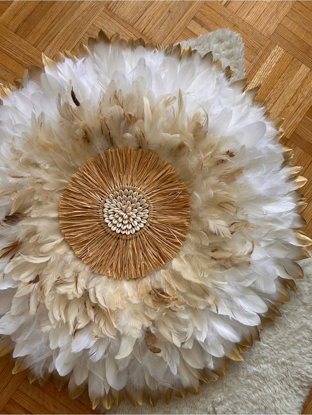 60cm handmade Feather Wall Decor - Cream & white Colors with shells